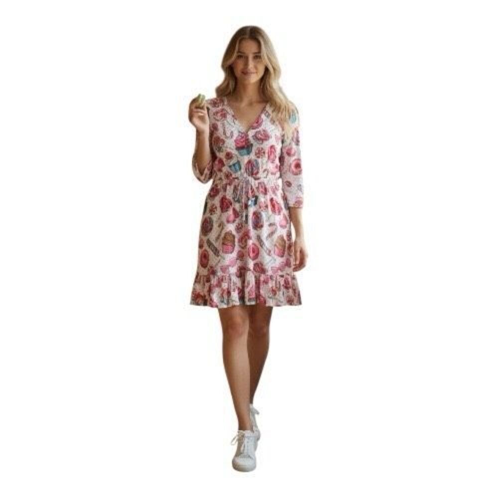 ModCloth Size L Candy Print Ruffle Mini Dress Pink Cutesy Desert Valentine Twee